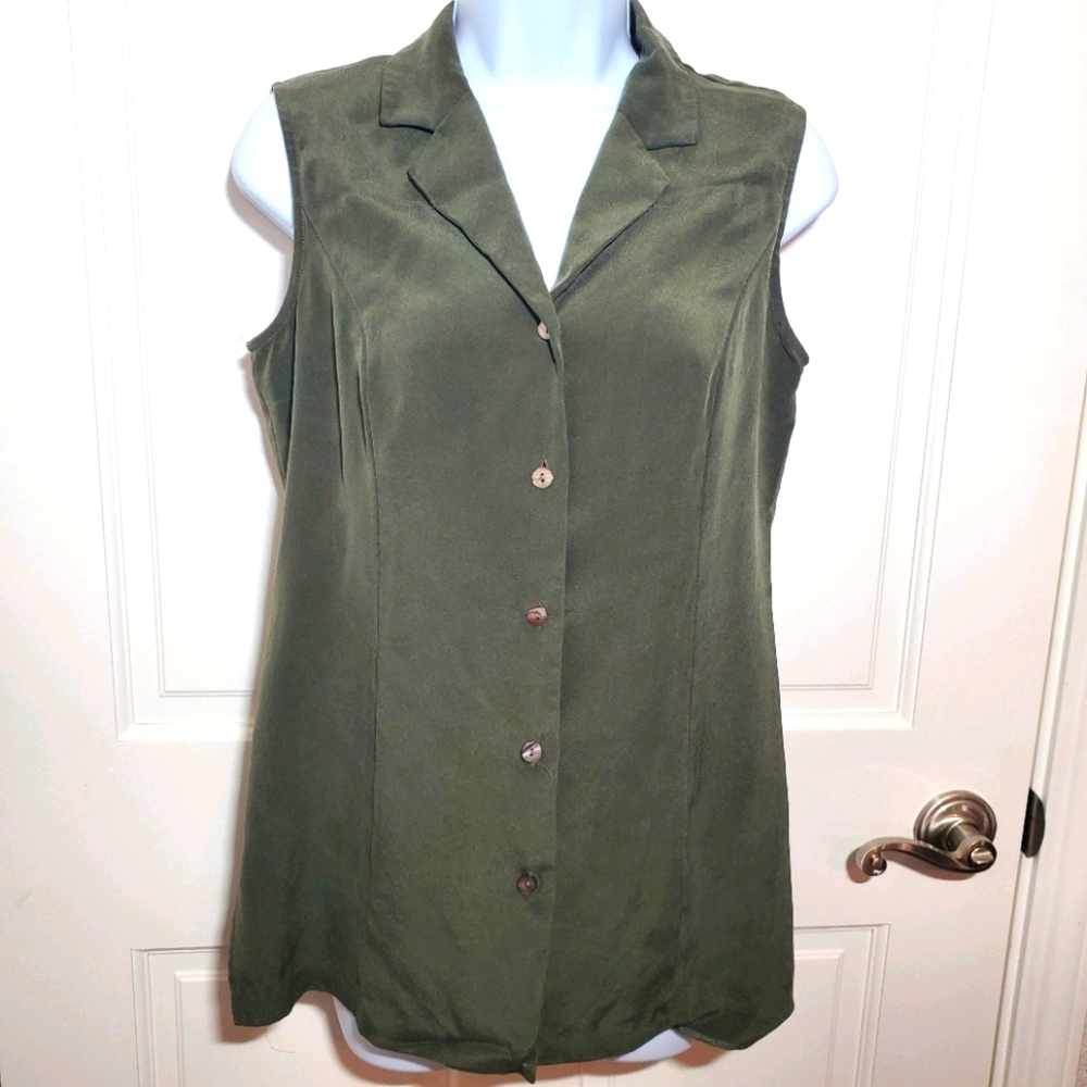 Olive Green Sleeveless Button Front Blouse